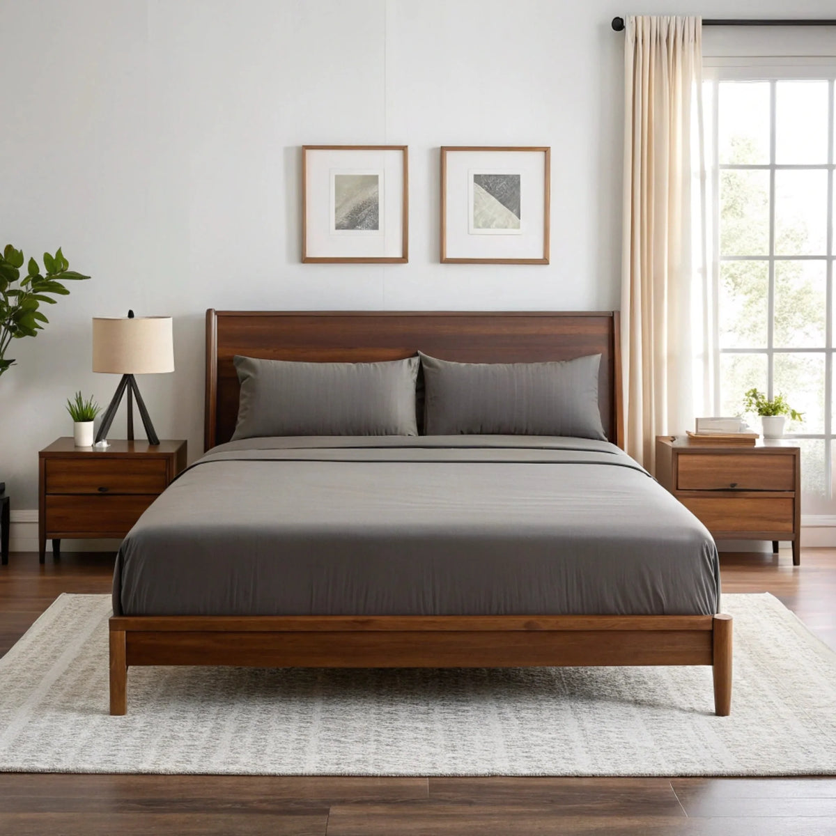 Symmetrical shot of charcoal grey sheets on wooden frame against white wall with abstract prints and beige curtains