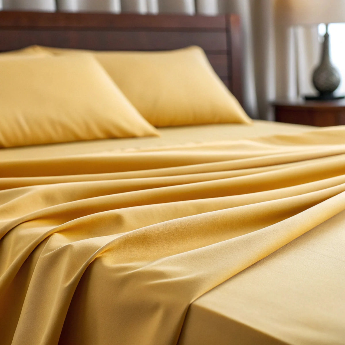 Extreme close-up macro of mustard yellow fabric folds emphasizing silky drape, soft smooth surface, and high-quality finish
