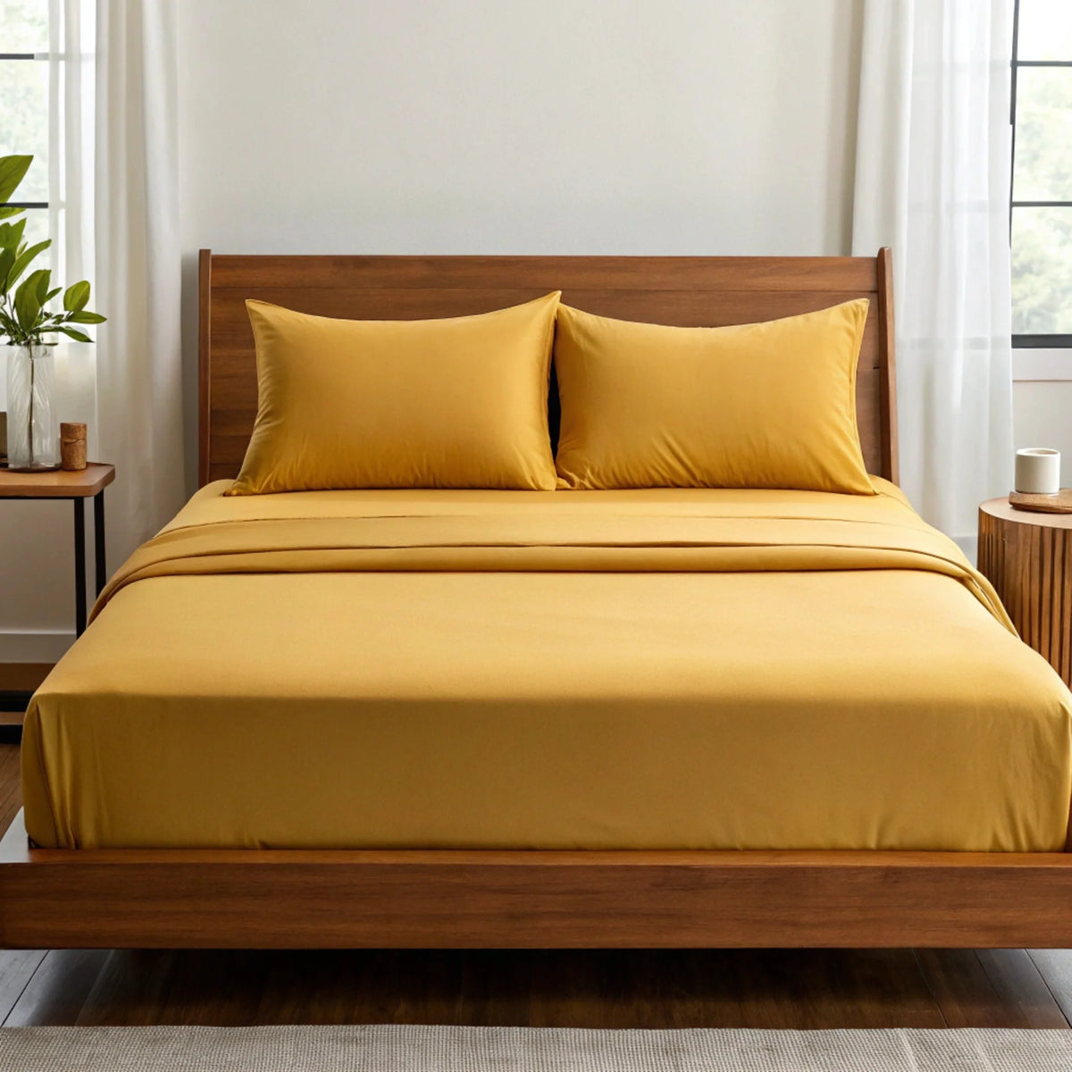 Straight-on view of mustard yellow sheets on slatted wooden bed flanked by sheer white curtains and minimalist tables