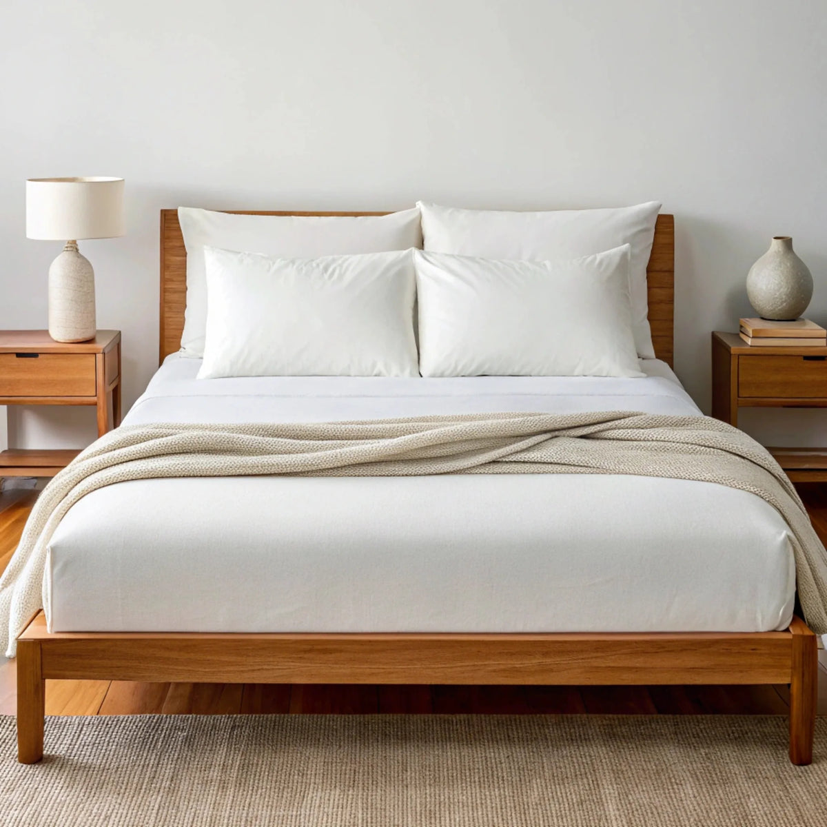 White bedding on light oak bed frame accented by beige knit throw, flanked by simple nightstands against white wall