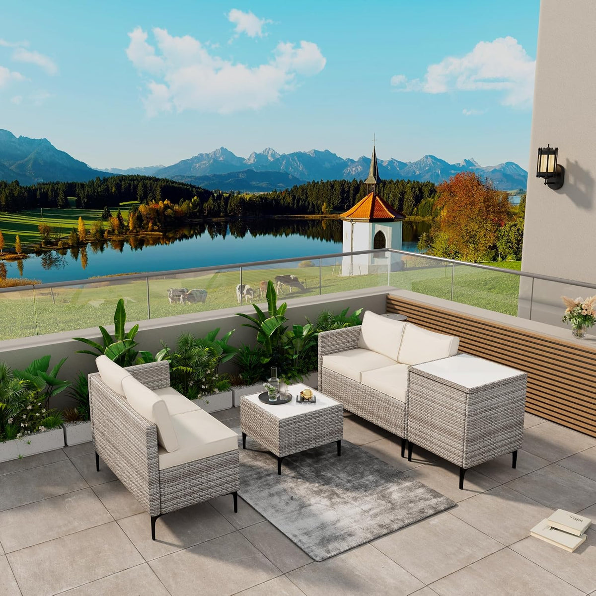 Outdoor Wicker Patio Conversation Set with Storage, PE Rattan Sofa