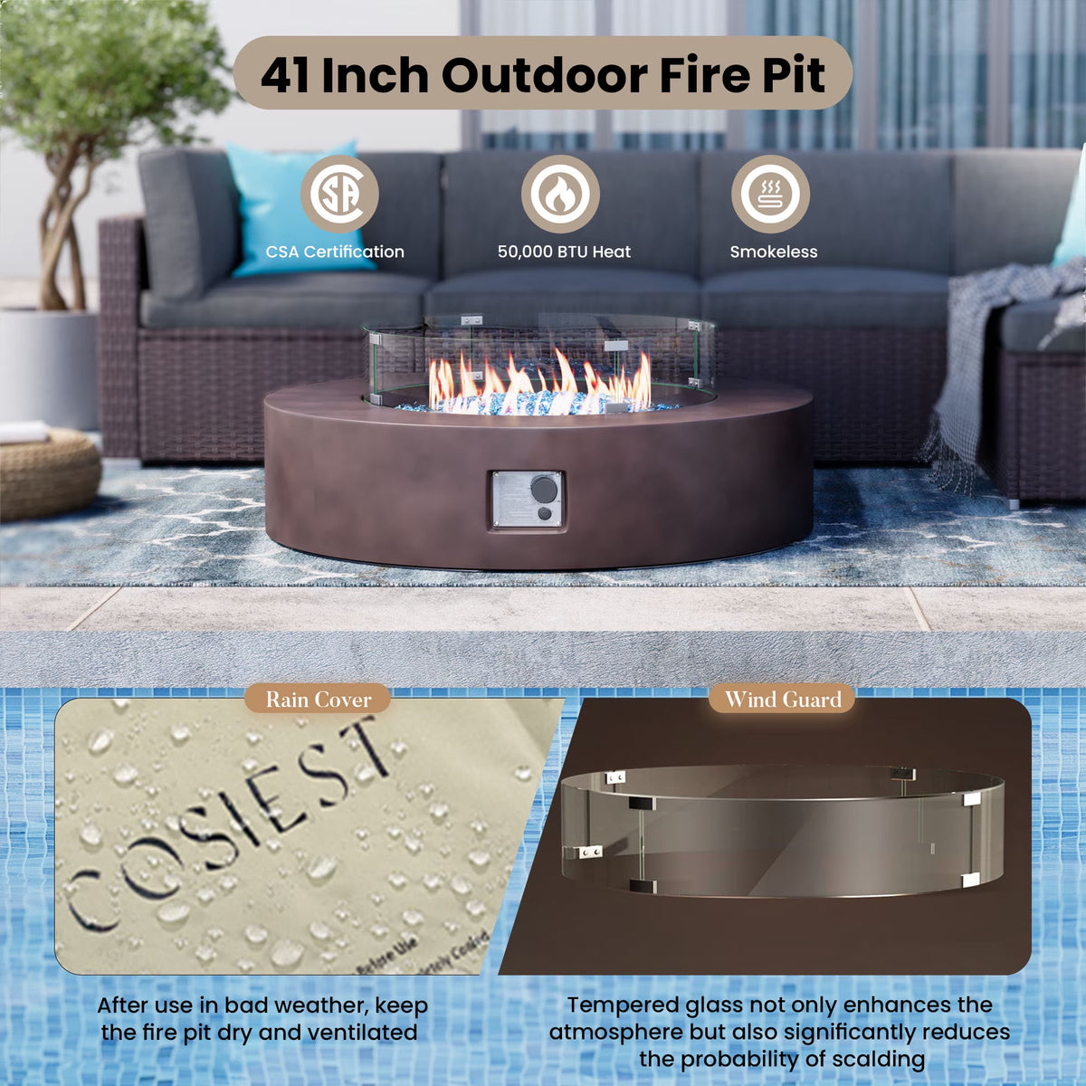 41''Round Fire Pit Table,50000 BTU Outdoor Propane Patio Fire Pit
