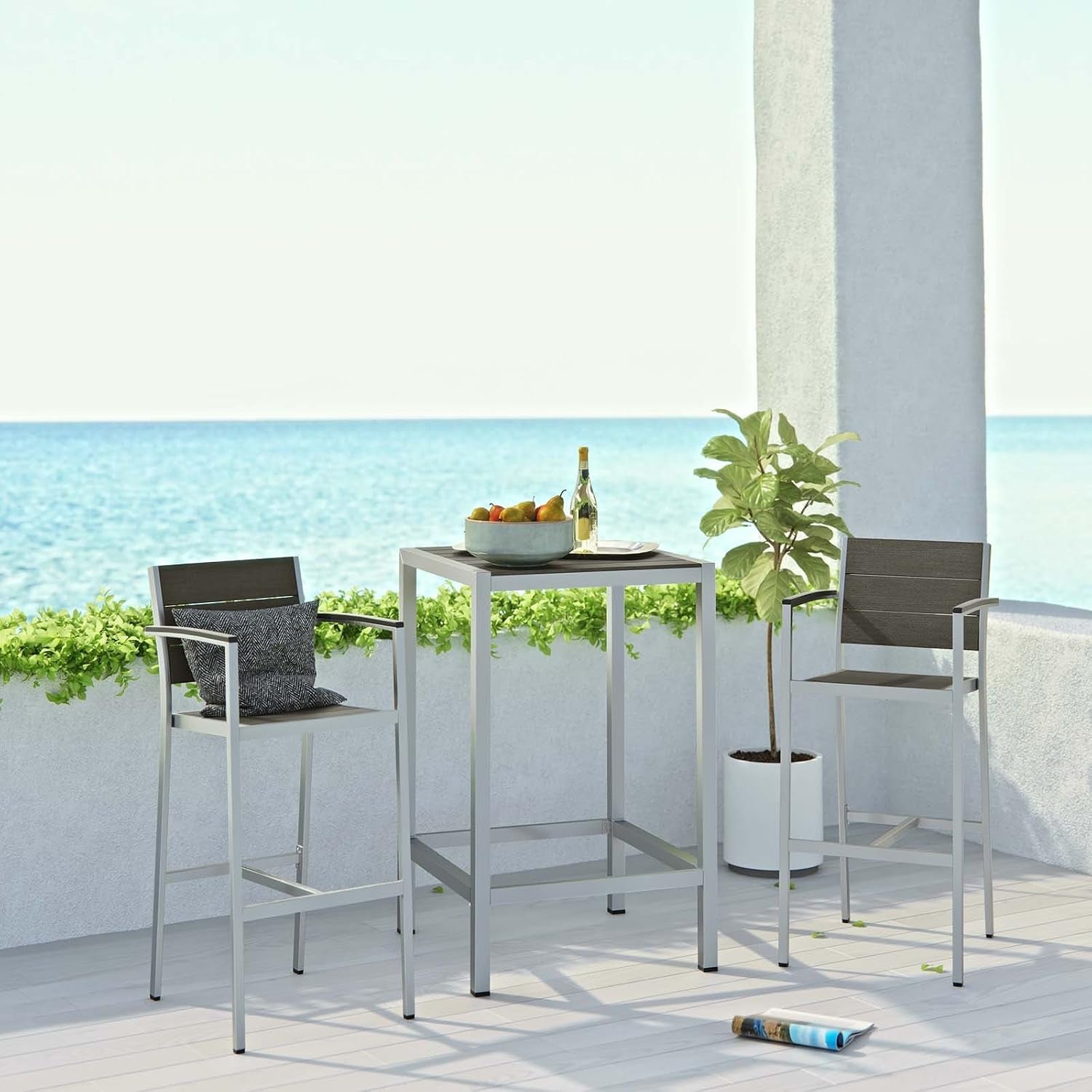 Shore Aluminum 3-Piece Outdoor Patio Pub Bistro Set with 28" Bar Table and Two Bar Stools in Silver Gray