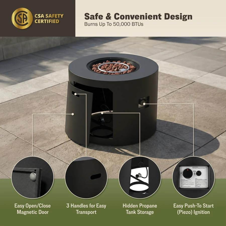 32" Propane Fire Pit Table round Smokeless W/Lid Alloy Steel Outdoor Gas Firepit Table 50,000 Btus Includes Lava Rocks and Weatherproof Cover for Wooden Deck Backyard and Pool (Black)