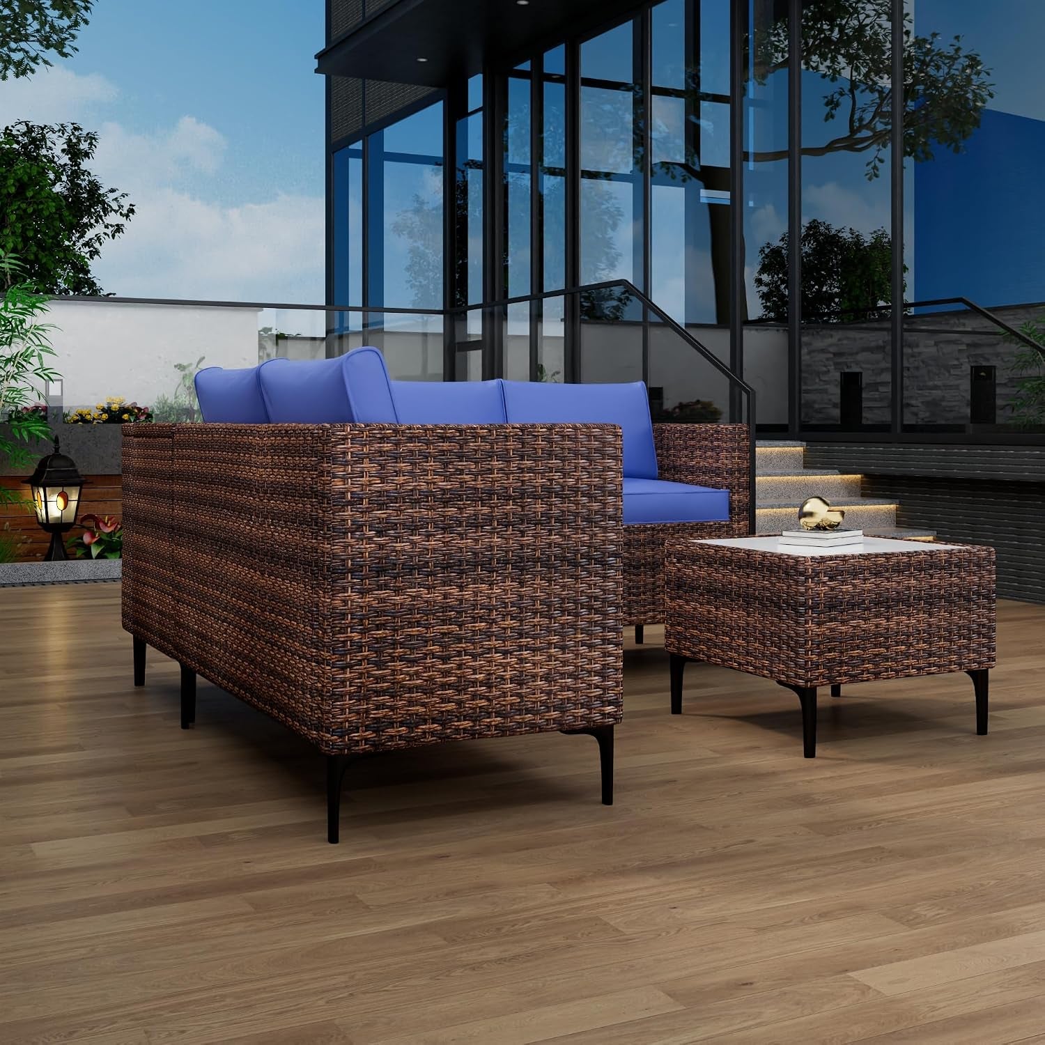 Outdoor Wicker Patio Conversation Set with Storage, PE Rattan Sofa
