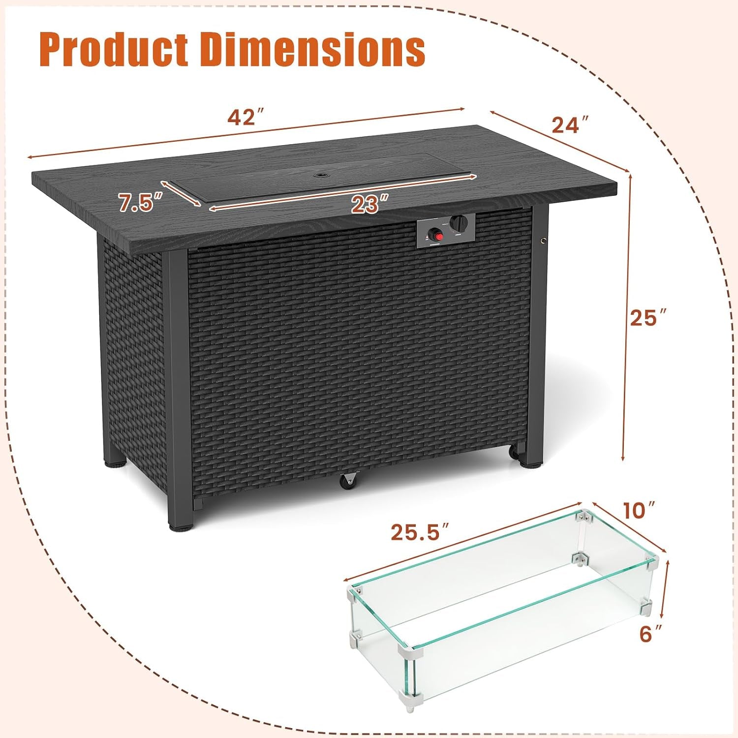 Outdoor Propane Fire Pit Table, 42 Inch Rectangular Rattan Fire Table with Wind Guard & Glass Rocks, 50,000 BTU Smokeless Gas Fire Pit for outside Patio (Black)