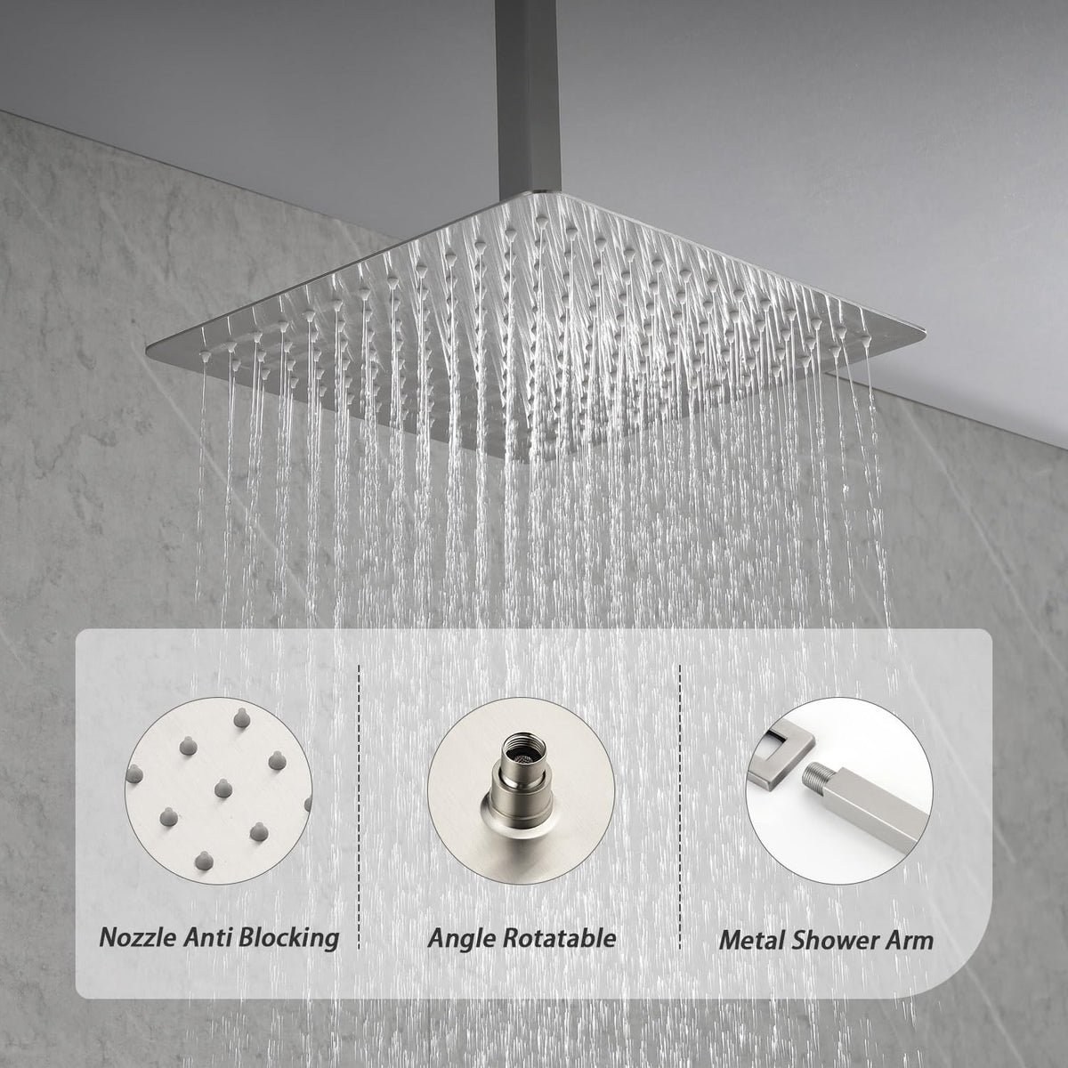 Ceiling-Mounted Rainfall Shower System Shower Head Hand Held Square Shower Head Bathroom Luxury Rain Shower Complete Combo Set (12", Brushed Nickel)