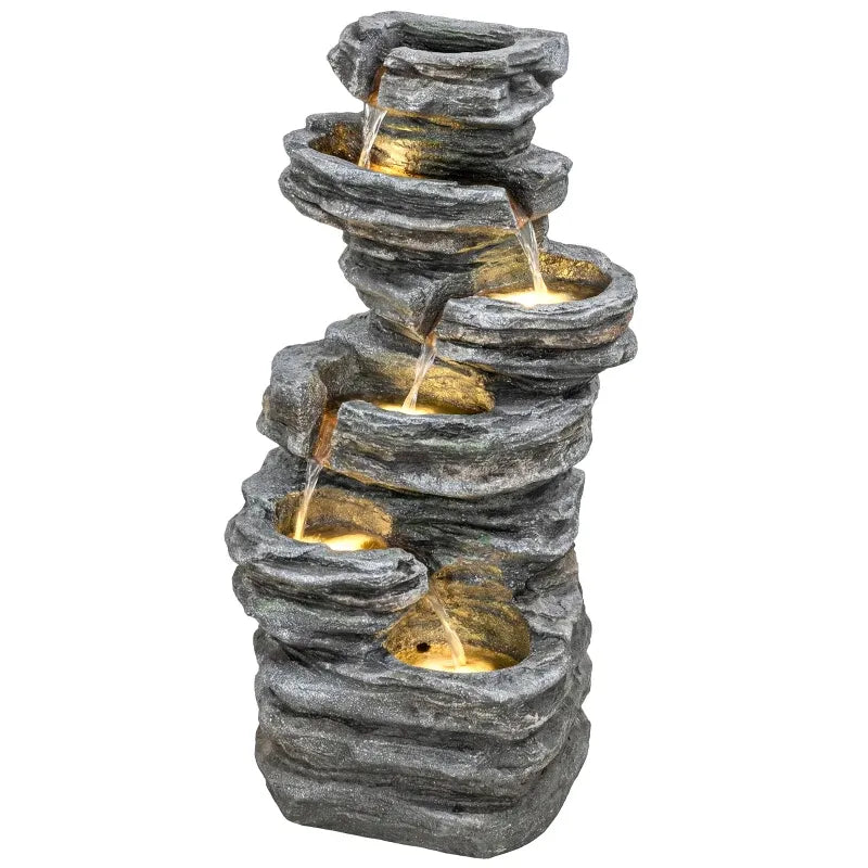 Resin 6 Tier Rock Cascade Outdoor Fountain 40 Inch LED