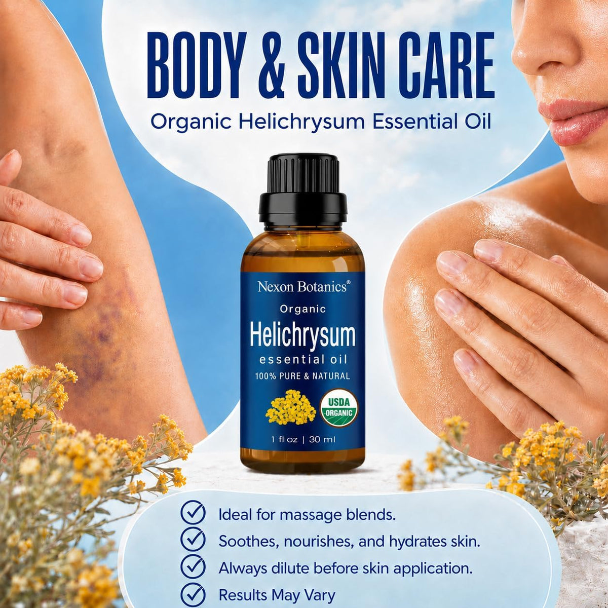 Organic Helichrysum Essential Oil 30 Ml - 100% Pure & Natural - Hexane Free