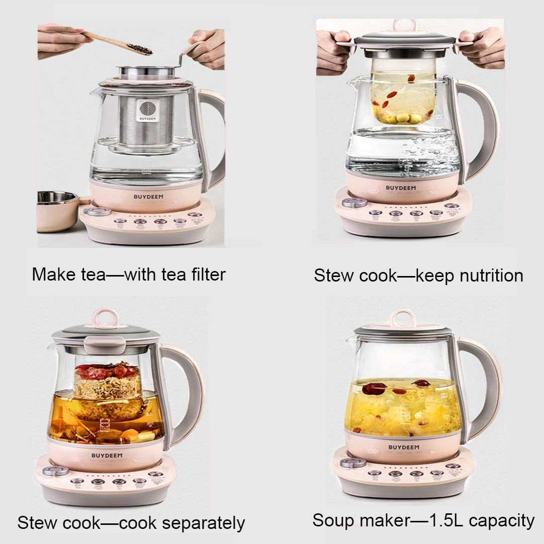K2693 Health Pot, Health-Care Beverage Electric Kettle with Thickened Glass, 9-In-1 Fully Automatic Programmable Brew Cooker, 1.5 L, Pink