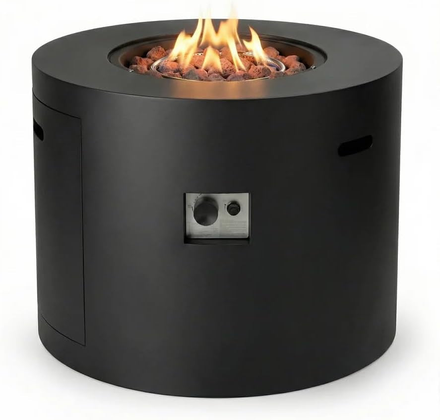 32" Propane Fire Pit Table round Smokeless W/Lid Alloy Steel Outdoor Gas Firepit Table 50,000 Btus Includes Lava Rocks and Weatherproof Cover for Wooden Deck Backyard and Pool (Black)