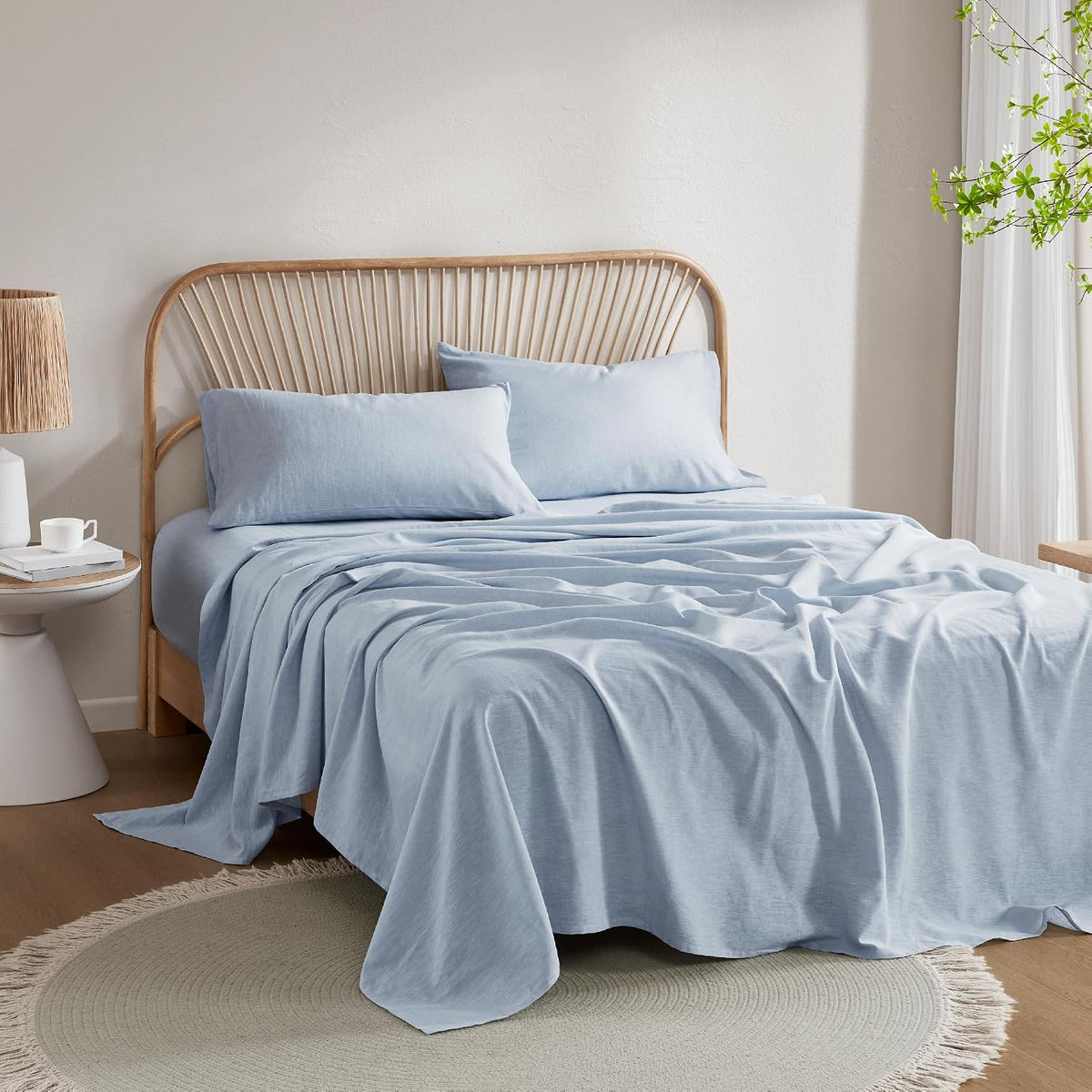 Luxurious Linen Cotton Sheet Set, Organic Linen Blend Bed Sheets - 15 Inches Deep Pocket, 4 Pcs French Flax Linen Bedding Set for All Seasons (King, Blue)