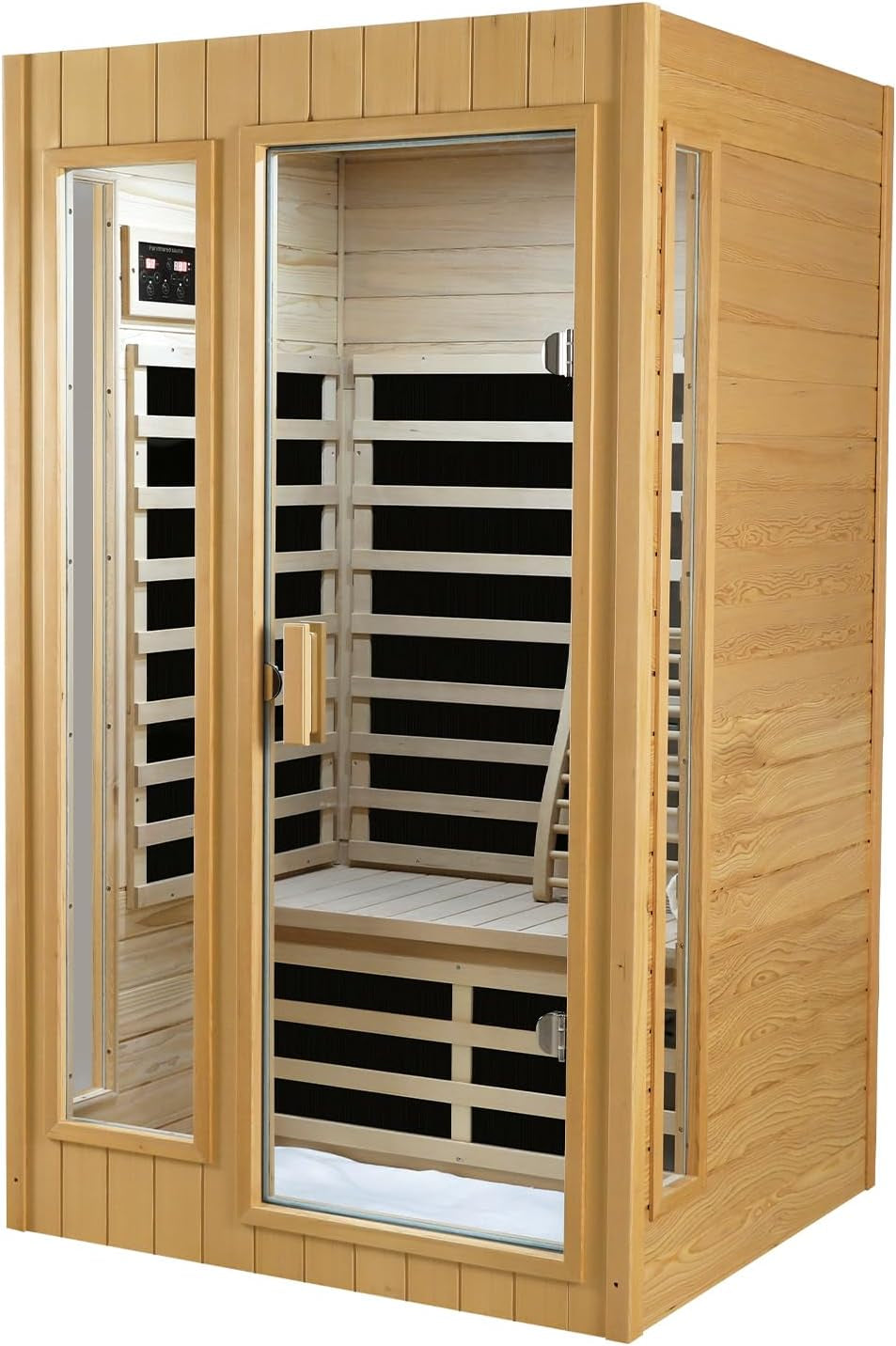 2 Person Sauna with Side Glass Window, Low EMF Indoor Infrared Saunas for Home, 1500W Hemlock Wood Personal Sauna with 5 Heating Panels, Blue-Tooth, 2 LED Reading Lamps, Control Panel