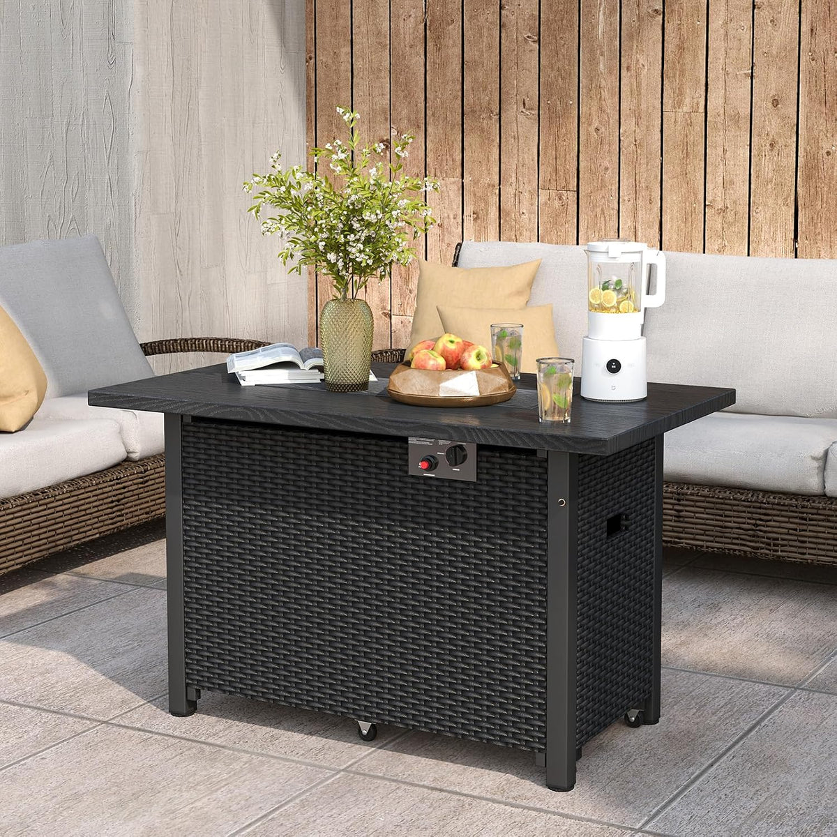 Outdoor Propane Fire Pit Table, 42 Inch Rectangular Rattan Fire Table with Wind Guard & Glass Rocks, 50,000 BTU Smokeless Gas Fire Pit for outside Patio (Black)