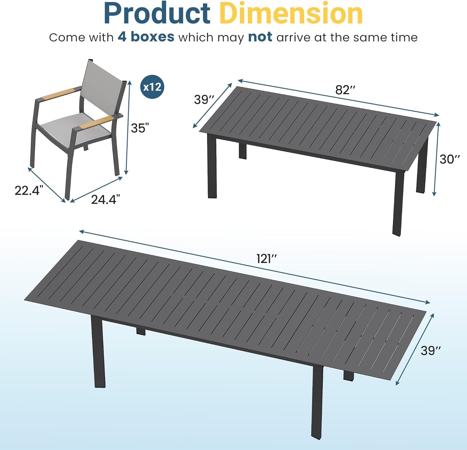Aluminum Outdoor Patio Table and Chairs Set with 121" L-81 L Expandable Dining Table, 13-Pieces Outdoor Dining Set for 12, Patio Furniture Set with Stackable Quick Drying Chairs, Grey