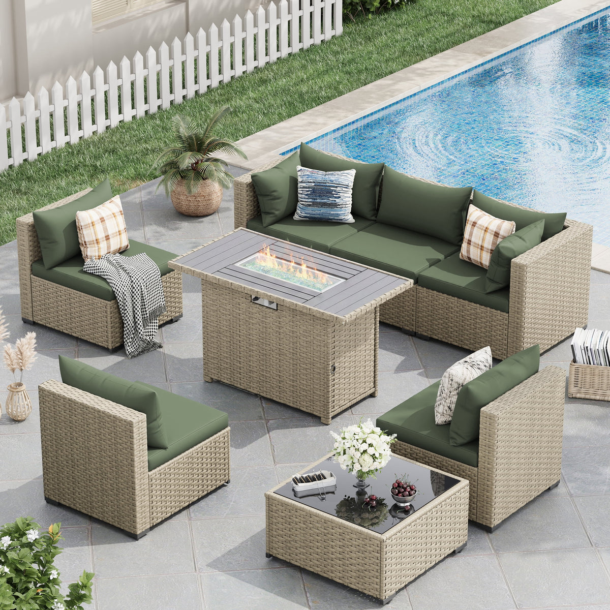 Outdoor Patio Furniture Set with Fire Pit Table, 8 Piece Outdoor Sectional Sofas, All-Weather Wicker Patio Conversation Set for Garden, Green