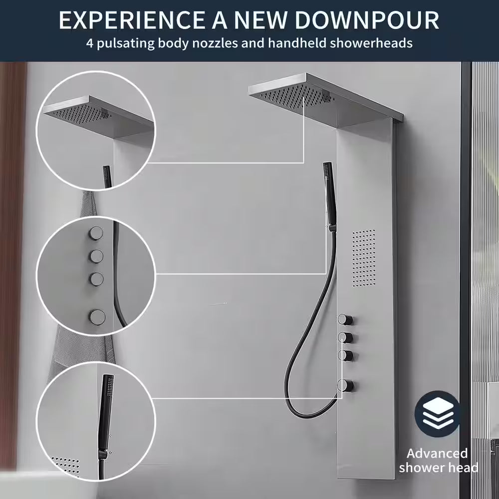 1-Jet Rainfall Shower Tower Shower Panel System with Rainfall Waterfall Shower Head and Shower Wand in Brushed Nickel
