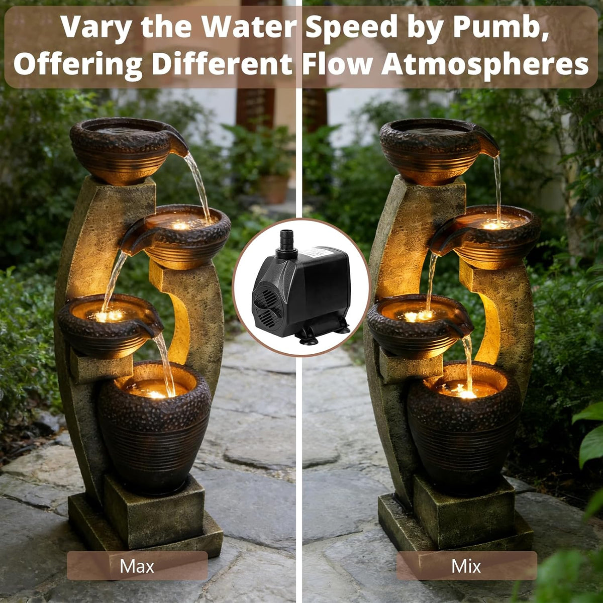 40” H Modern Outdoor Fountain - 4 Crocks Outdoor Garden Fountains with Contemporary Design&Led Light for Garden, Patio, Deck, Porch, Backyard and Home Art Decor (40In, Light Gray)