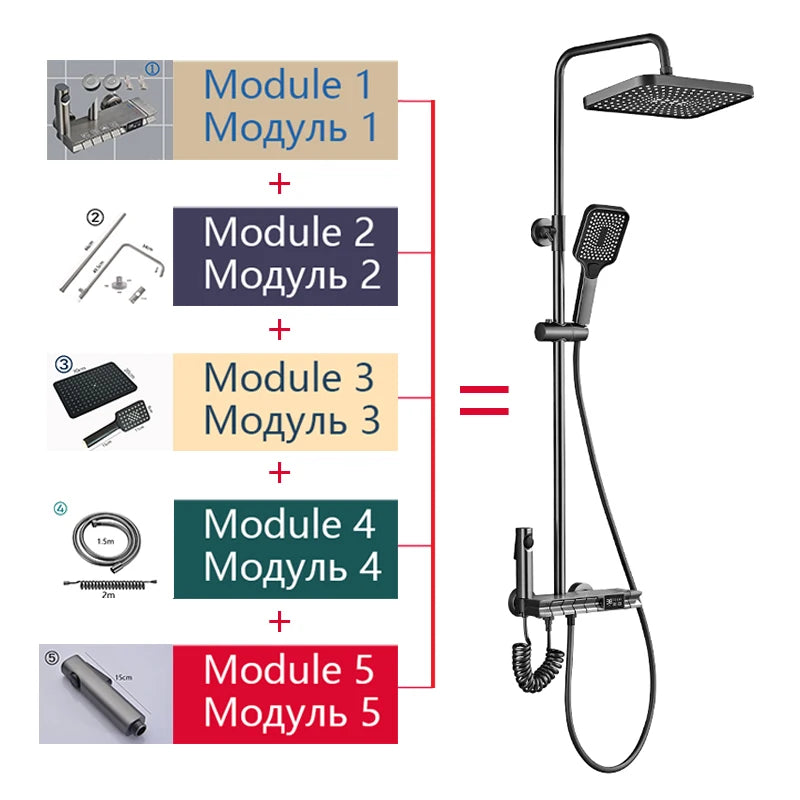 Gray Shower Set Bathroom Copper Shower System LED Digital Display Temperature Bathtub Shower Faucet DIY Shower Accessories Sets