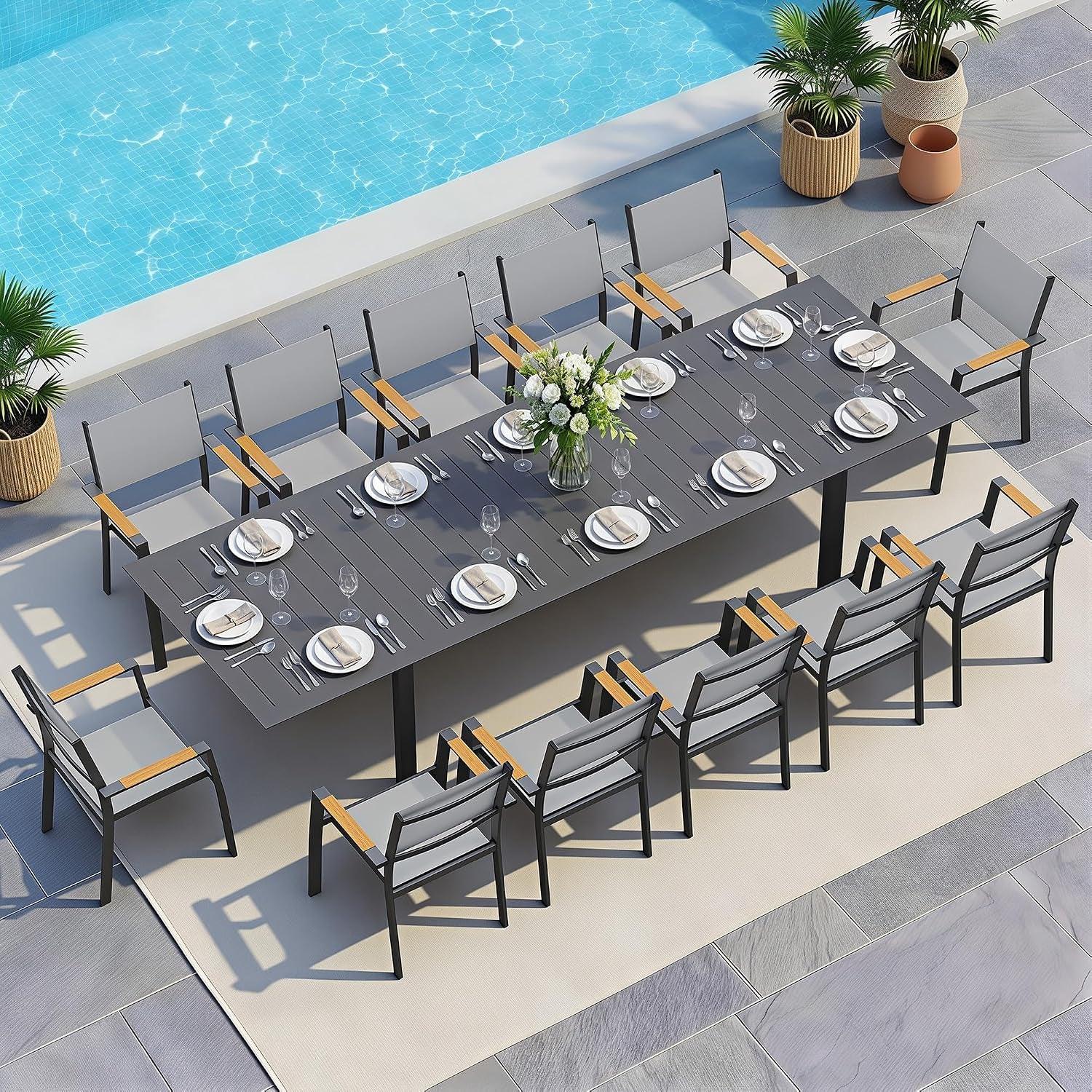 Aluminum Outdoor Patio Table and Chairs Set with 121" L-81 L Expandable Dining Table, 13-Pieces Outdoor Dining Set for 12, Patio Furniture Set with Stackable Quick Drying Chairs, Grey
