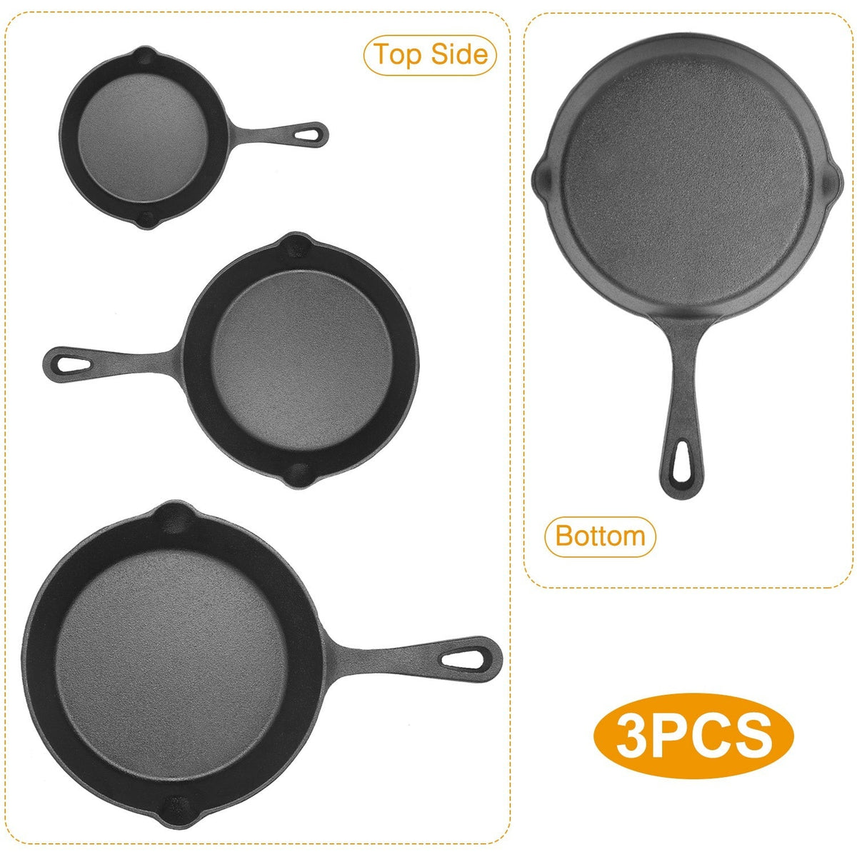 Technical diagram showing top interior and bottom exterior views of three-piece cast iron skillet set