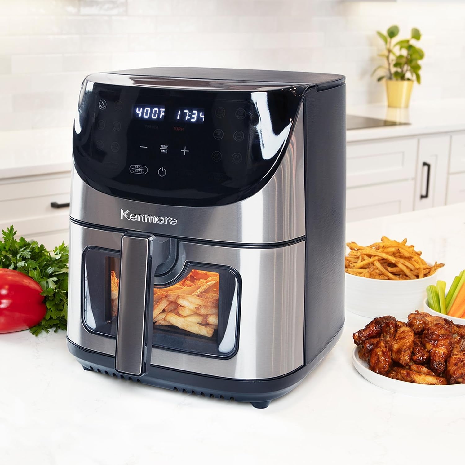 Kenmore Air Fryer - 8 Quart Aerogrill, Non-Stick Frying Basket, French Fry, Digital Touch Screen, 12 Presets, Freidora Eléctrica, Countertop Cooking Kitchen Appliance, Stainless Steel, Black