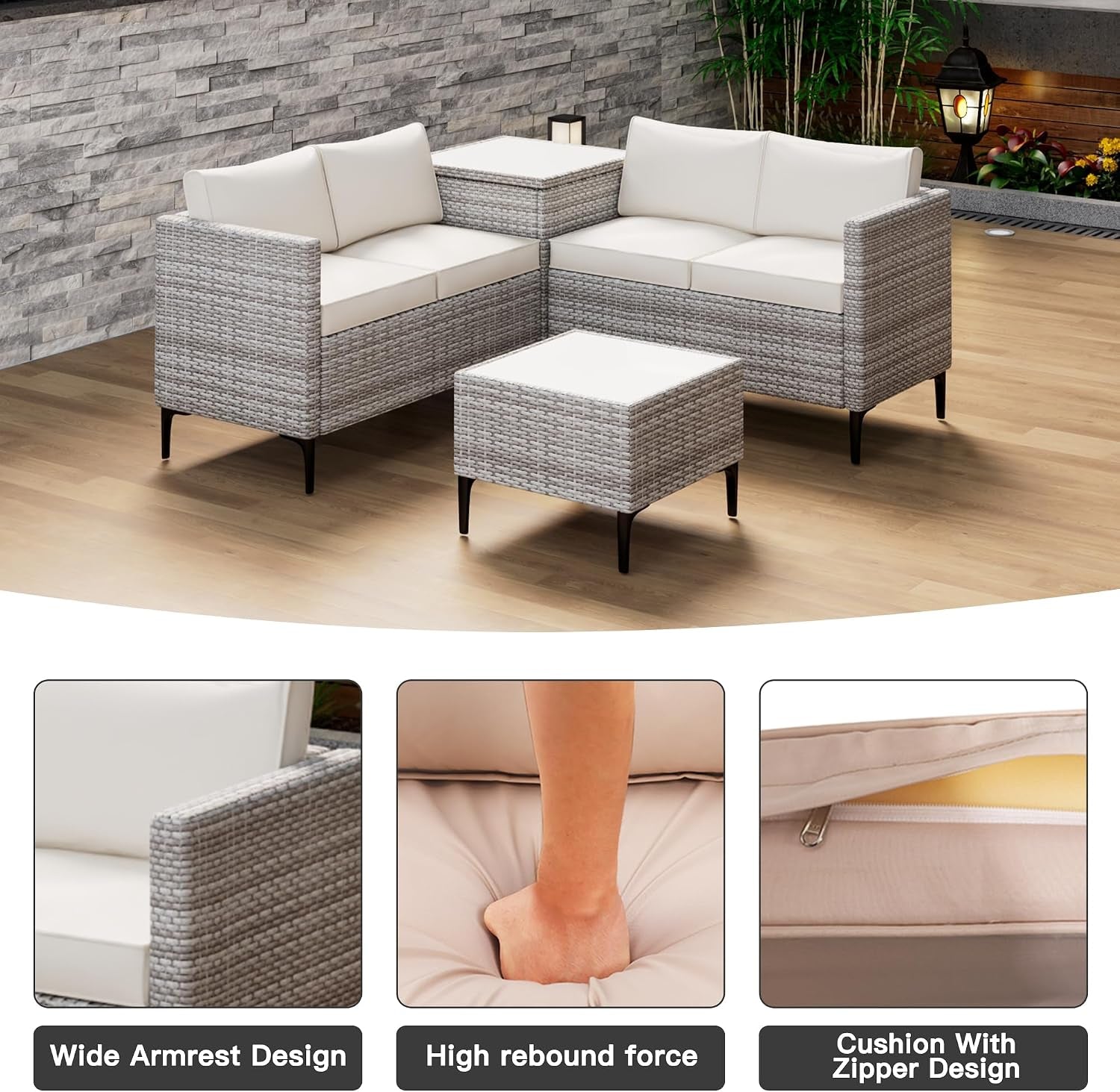 Outdoor Wicker Patio Conversation Set with Storage, PE Rattan Sofa