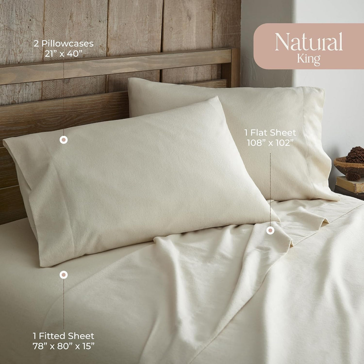100% Organic Flannel Sheets King Size - GOTS Certified 100% Cotton Flannel Sheets Set with Comfortable Soft Brushed Finish & Deep Pocket - 1 Flat 1 Fitted & 2 Pillowcases (Natural, King)