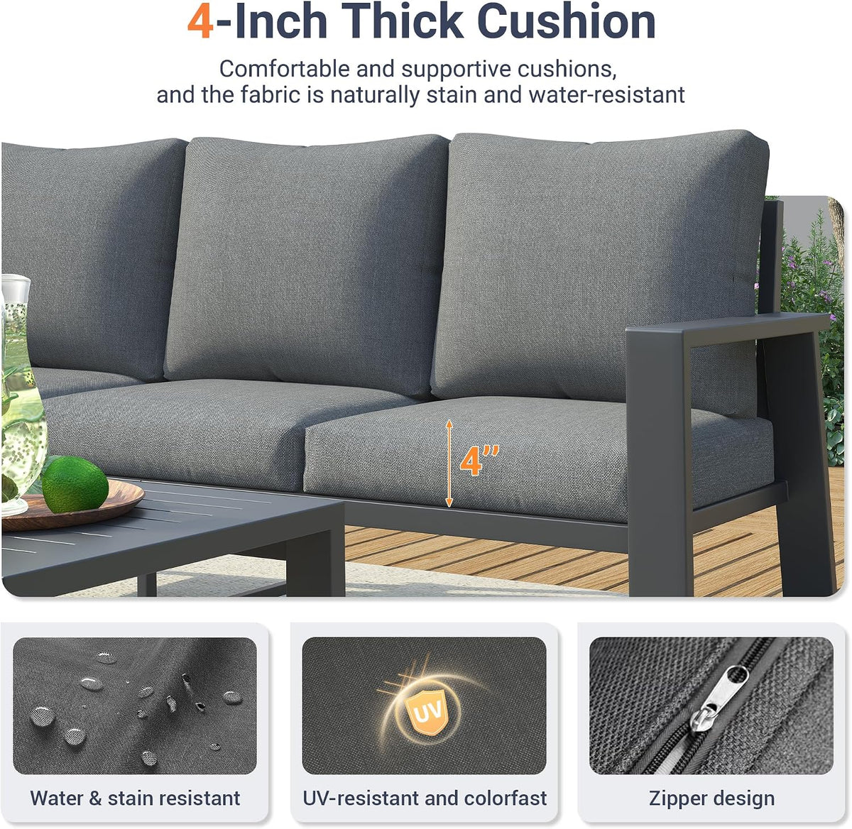 Aluminum Outdoor Patio Furniture Set 5 Pieces Metal Conversation Sets 7 Seat Sectional Sofa Modern Seating Set with Coffee Table for Outdoor Garden Backyard, Dark Grey