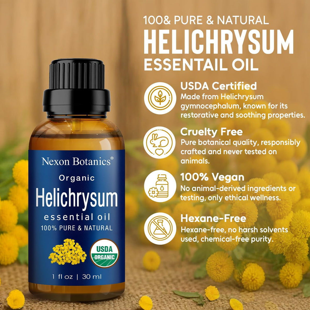 Organic Helichrysum Essential Oil 30 Ml - 100% Pure & Natural - Hexane Free