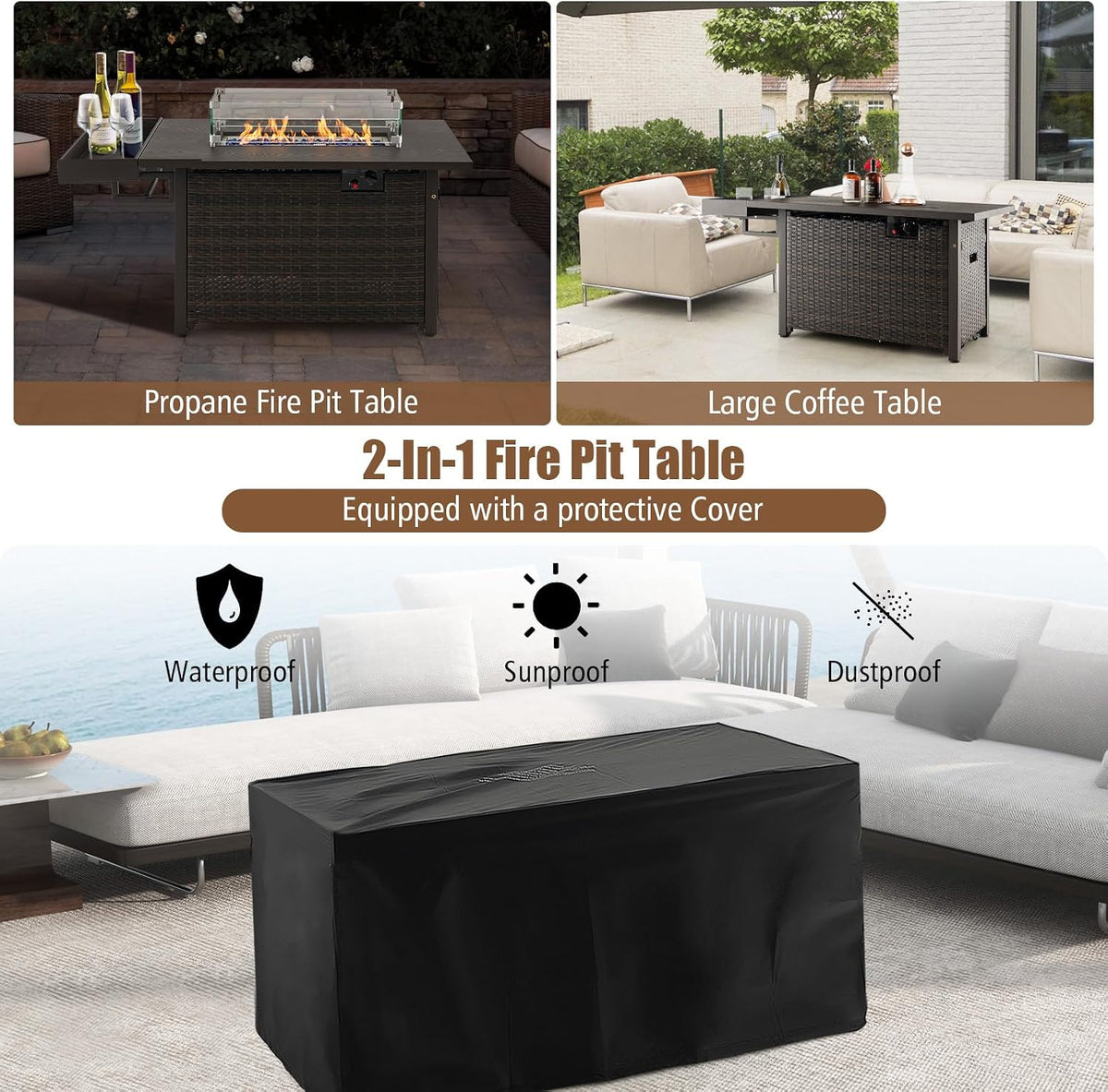 Patio Propane Fire Pit Table, 52 Inch Wicker Gas Fire Pit with Wind Guard & Extended Shelf, 50,000 BTU Heat Output, Rectangular Fire Table with Blue Fire Stone & Waterproof Cover (Brown)