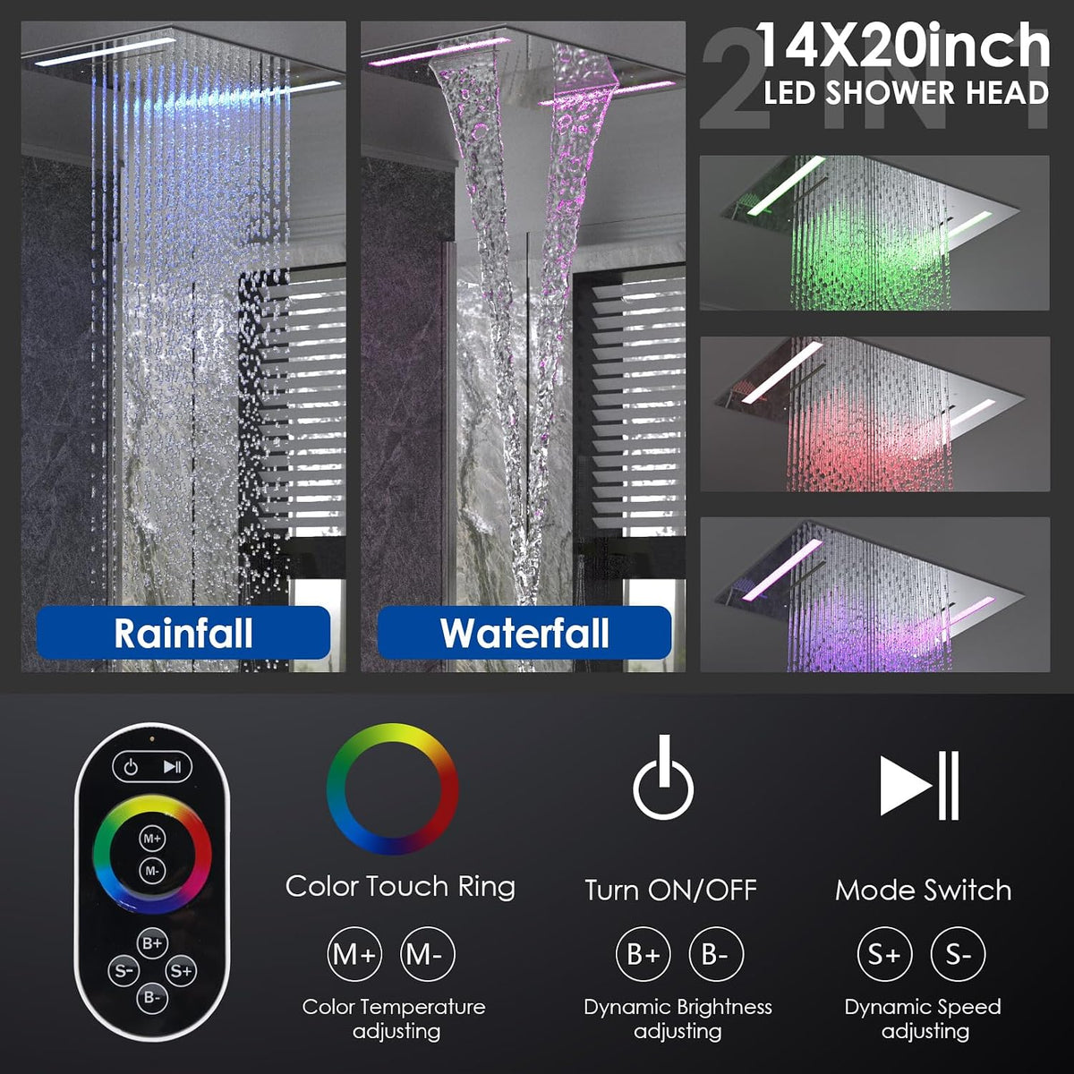 Dual Rain Shower Head System, 2 in 1 Functions Ceiling Mount 14X20Inch LED Shower Head with 6 Inch Shower Head, Rainfall Waterfall Shower Faucet Set, Chrome