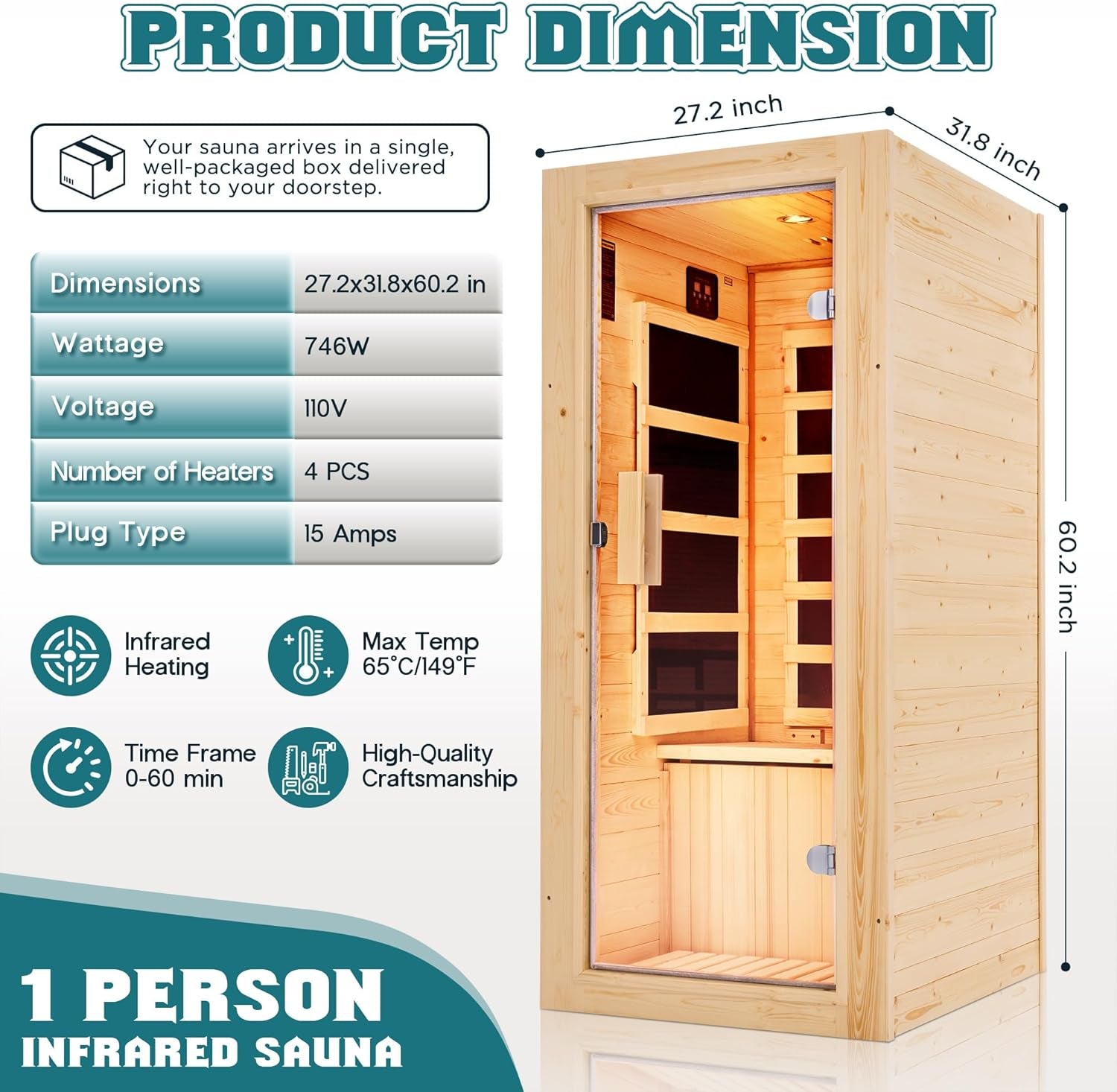 1 Person Infrared Sauna, Infrared Sauna for Home & Gym, Low EMF 110V