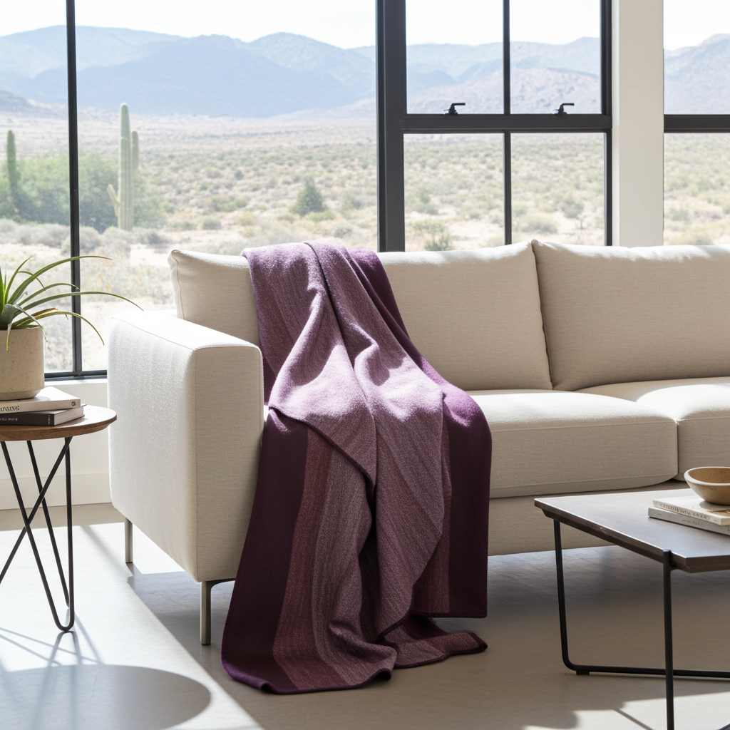 Purple striped alpaca blanket casually draped over the arm of a cream sofa