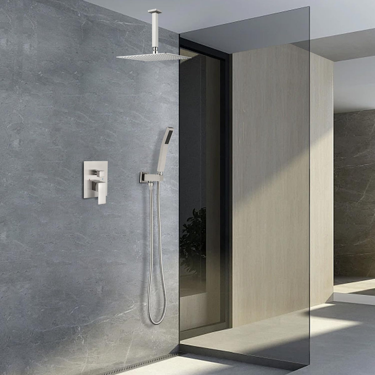 Ceiling-Mounted Rainfall Shower System Shower Head Hand Held Square Shower Head Bathroom Luxury Rain Shower Complete Combo Set (12", Brushed Nickel)