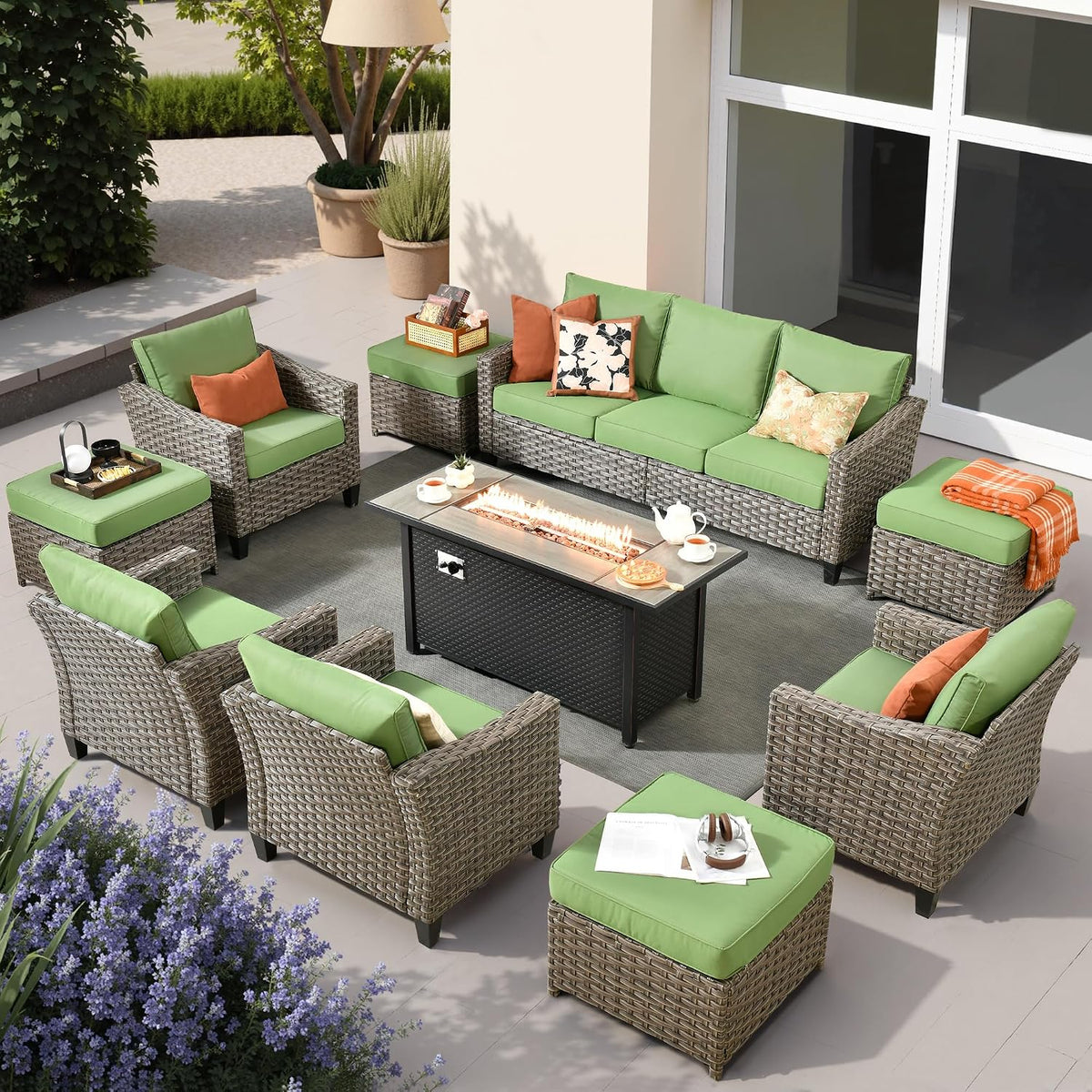 10 PCS Outdoor Patio Furniture 54In Set with Fire Pit Table, All-Weather Rattan Wicker Conversation Group with Deep Seating, High Back Comfort for Porch, Backyard, Green