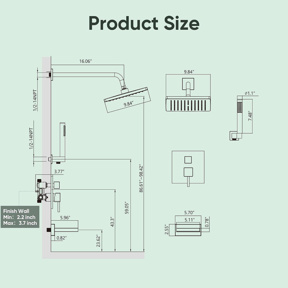 Shower System with Tub Spout, Wall Mounted Bathtub Shower Faucet Set, 10 Inch Rain Shower Head and Handheld Shower Head Set, High Pressure Tub Shower Kit with Shower Valve, Brushed Nickel
