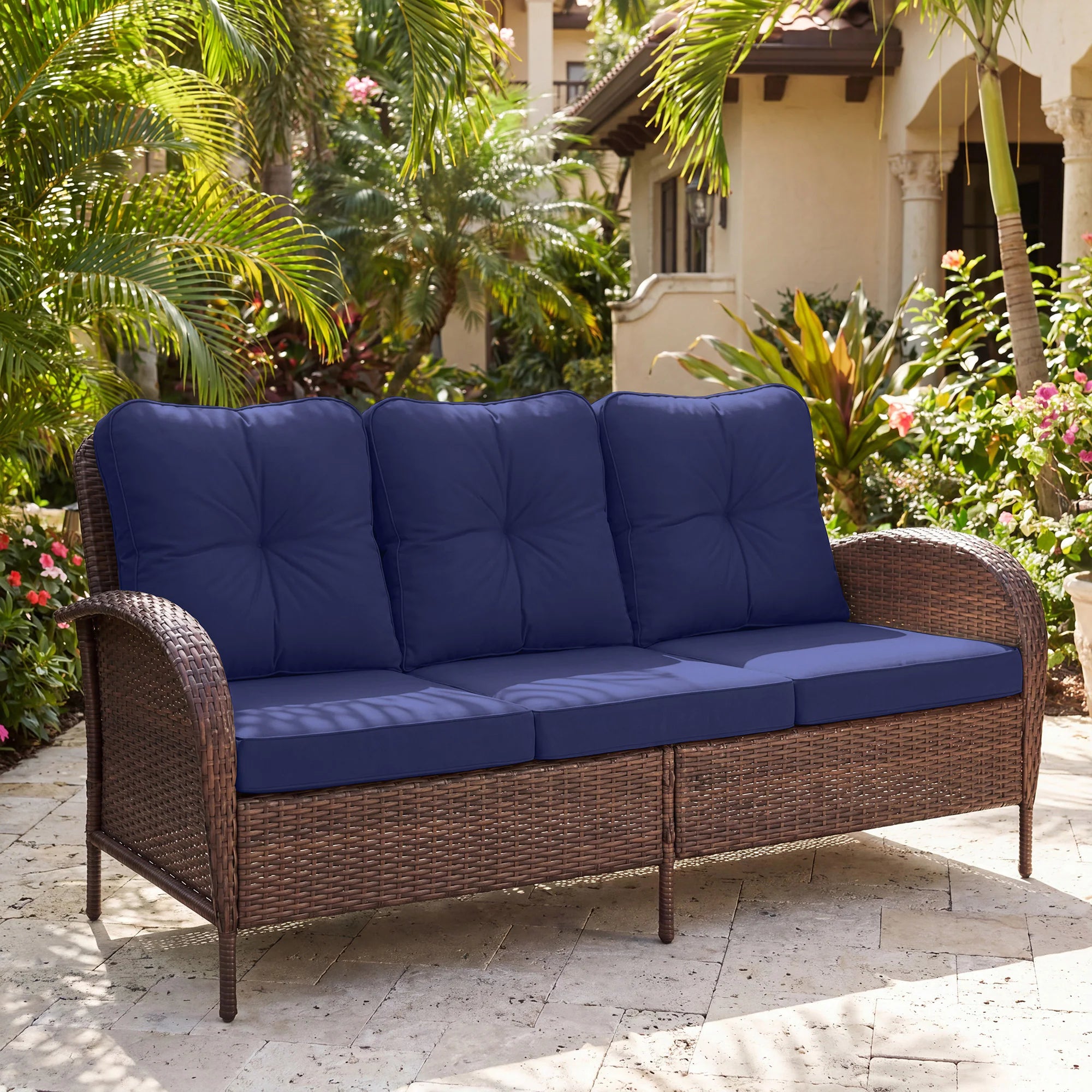 5 -Piece Wicker Patio Conversation Set with Navy Cushions Included
