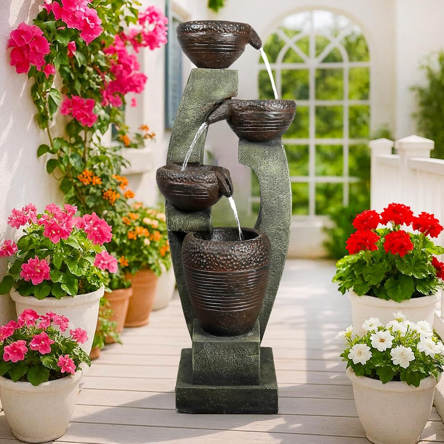 40” H Modern Outdoor Fountain - 4 Crocks Outdoor Garden Fountains with Contemporary Design&Led Light for Garden, Patio, Deck, Porch, Backyard and Home Art Decor (40In, Light Gray)