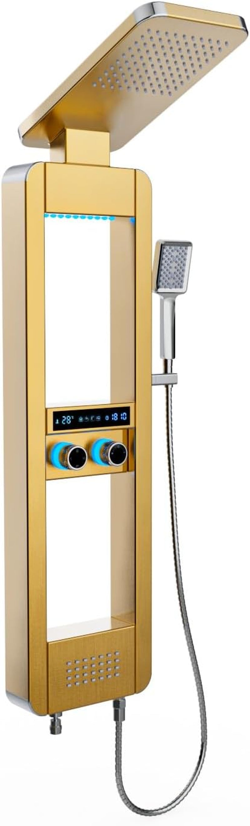 LED Rainfall Shower Head and Rain Massage System with Body Jets Stainless Steel Bathroom Shower Panel Tower System with Shelf, Brushed Gold&Chrome