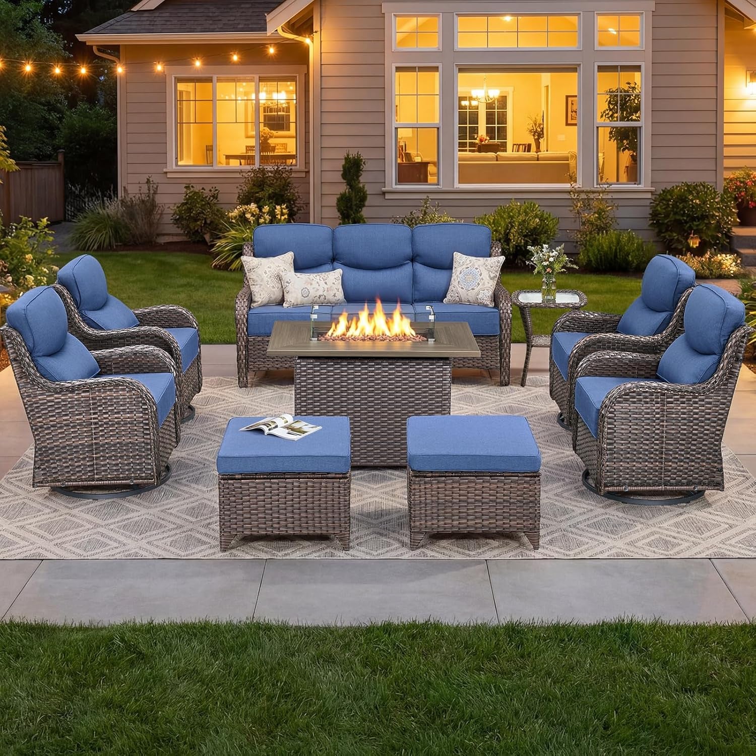 Luxury Patio Furniture Set with 6-Inch Thick Cushion, Outdoor Furniture with Fire Pit Table, Swivel Chairs, Sofa, Side Table, Ottomans, 9Pcs Wicker Conversation Set (Brown Wicker | Blue Cushion)