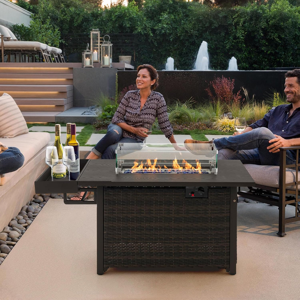 Patio Propane Fire Pit Table, 52 Inch Wicker Gas Fire Pit with Wind Guard & Extended Shelf, 50,000 BTU Heat Output, Rectangular Fire Table with Blue Fire Stone & Waterproof Cover (Brown)