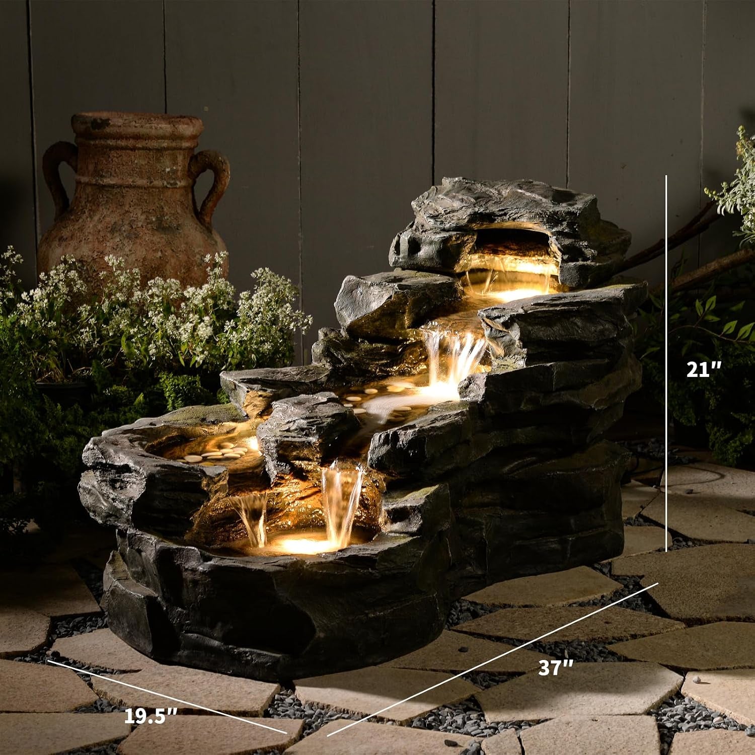 37" Water Fountain Outdoor, 5-Tier Rock Waterfall Fountain with LED Lights