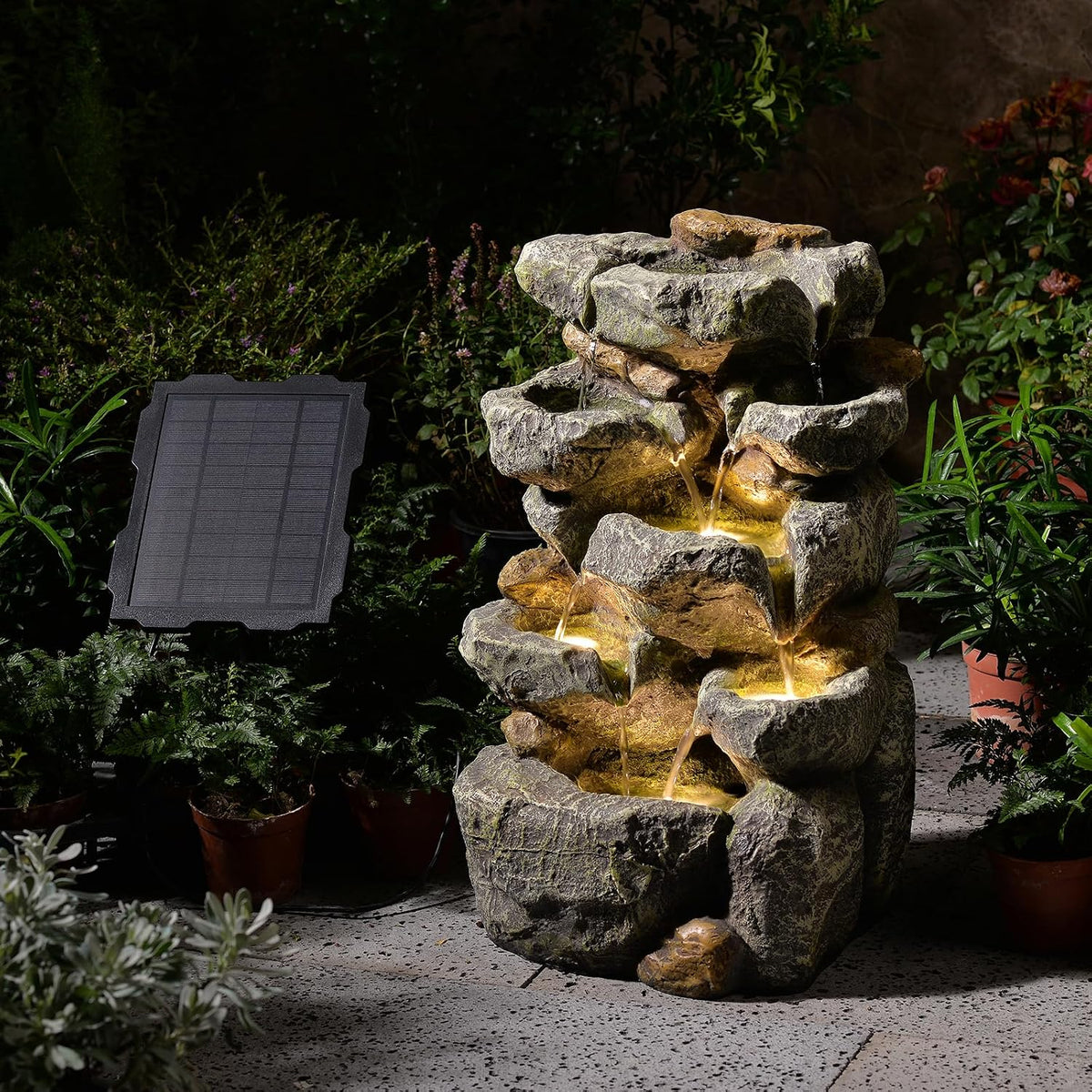 Solar Water Fountain Outdoor Garden, 24" H Cascading Stone Design 5 Tier Rock Feature Outdoor Fountains Waterfalls with Light, Pump Solar Panel for Patio, Deck, Porch, Backyard Home Décor