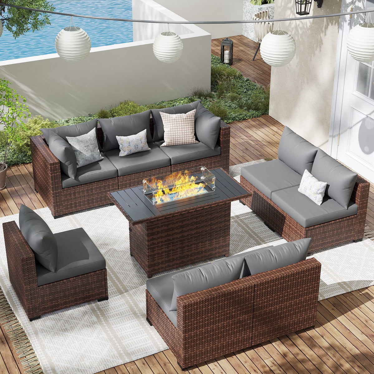 Patio Furniture Set, Outdoor Patio Furniture Wicker Sectional Furniture Couch Set, 9 Pieces Outdoor Sectional Sofa with Fire Pit Table, Outdoor Patio Set for Outdoor Furniture (Grey)