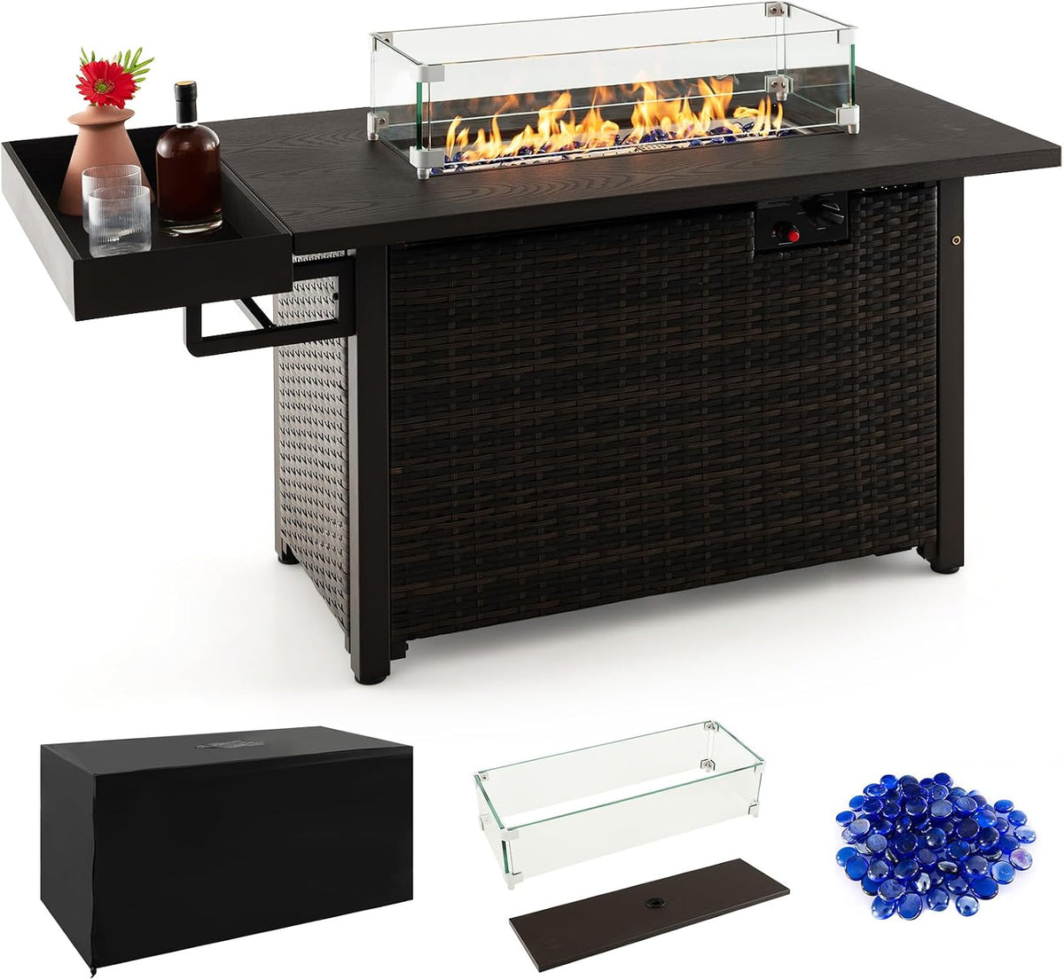 Patio Propane Fire Pit Table, 52 Inch Wicker Gas Fire Pit with Wind Guard & Extended Shelf, 50,000 BTU Heat Output, Rectangular Fire Table with Blue Fire Stone & Waterproof Cover (Brown)