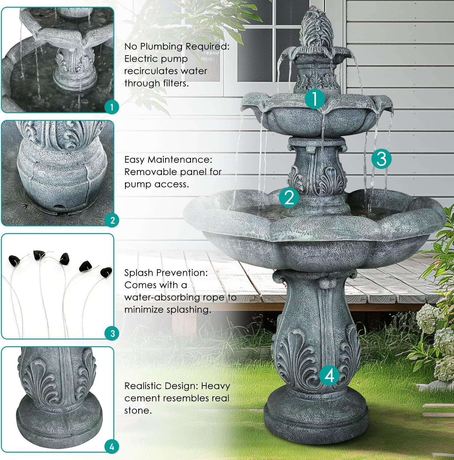 48" High 3-Tiers Modern Concrete Outdoor Water Fountain - round Large Outdoor Fountains and Waterfalls for Garden, Patio, Yard, and Deck Decor, Featuring Natural Stone Look (Grey, 48 Inch)