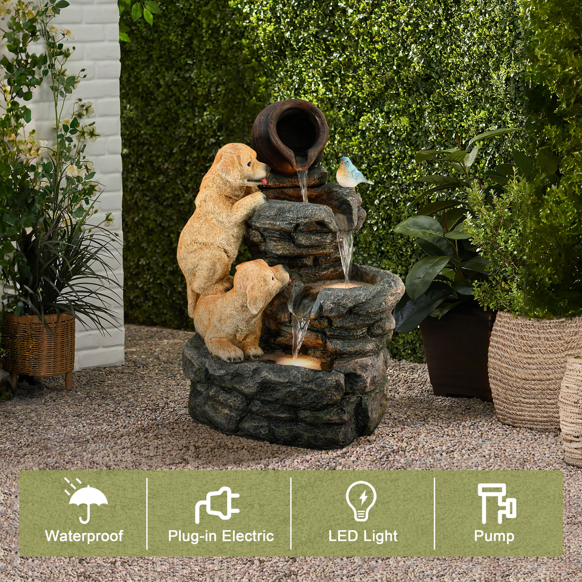 Outdoor Water Fountain, 26" Puppy and Rock Resin Water Fountains Indoor with LED Lights