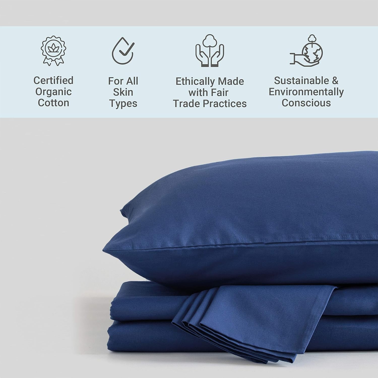 100% Organic Cotton Percale Weave King Size Sheet Set, 300 TC, GOTS Certified, Cool & Crisp, Breathable, Fits Mattresses up to 17" Deep, Durable Luxury – Dark Blue