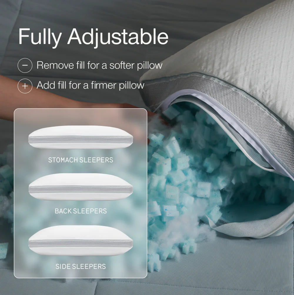 Sleep Goods Eden Cool+ Adjustable Pillow, Queen, Memory Foam, Cooling Gel, Neck Support